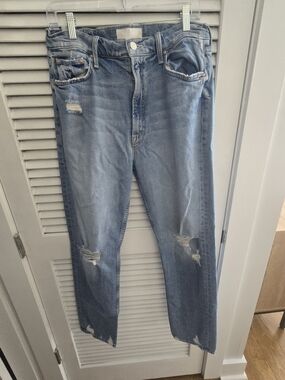 MOTHER Light Blue Distressed Straight-Leg Jeans